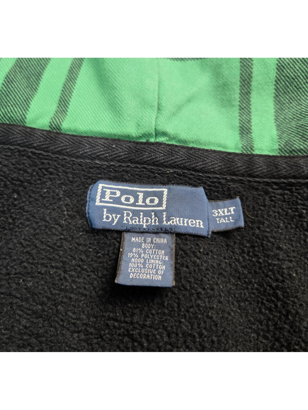 Polo Ralph Lauren Vintage Green Plaid Lined Black Zip Hoodie Mens Size 3XLT - Picture 6 of 6